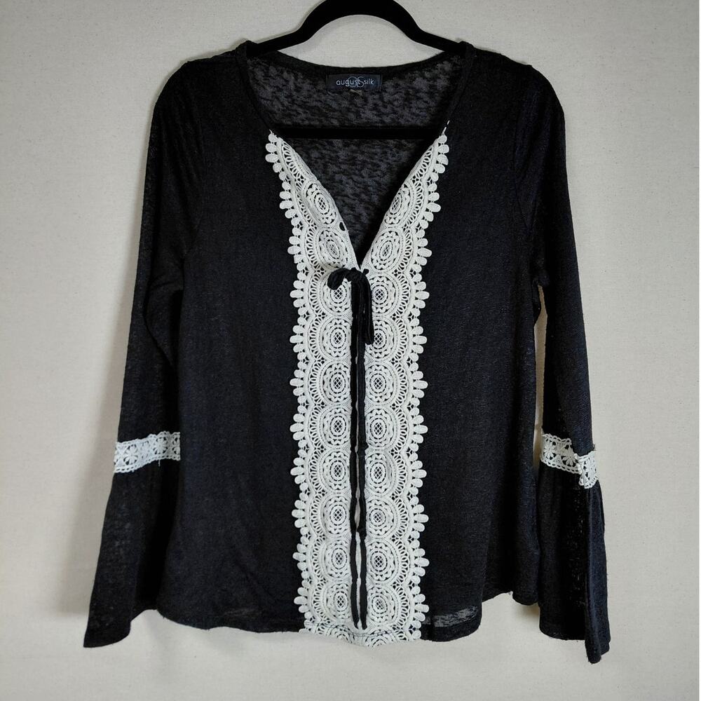 August Silk Black White Lace Trim Bell Sleeve V-Neck Blouse Women Size M